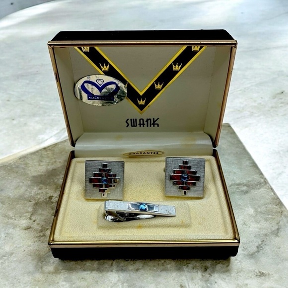 VINTAGE SWANK SILVER/BLUE RHINESTONE CUFF LINKS AND TIE BAR - NIB - Picture 1 of 5